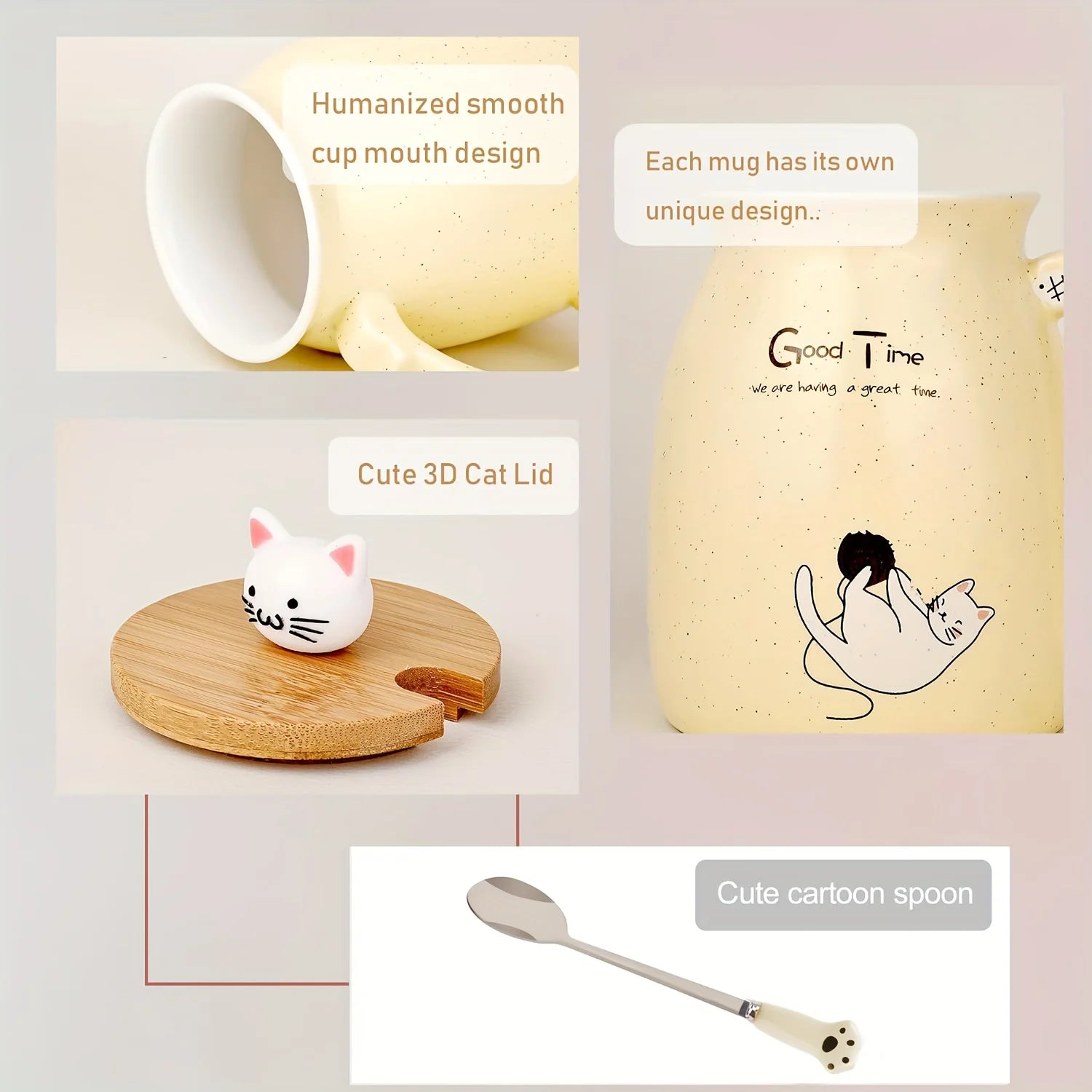 Kawaii Cat Ceramic Mug with Lid & Spoon