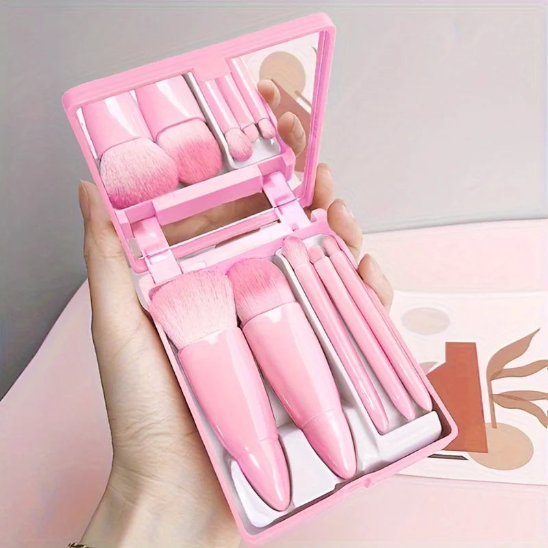 5Pc Makeup Brush Set with Travel Mirror