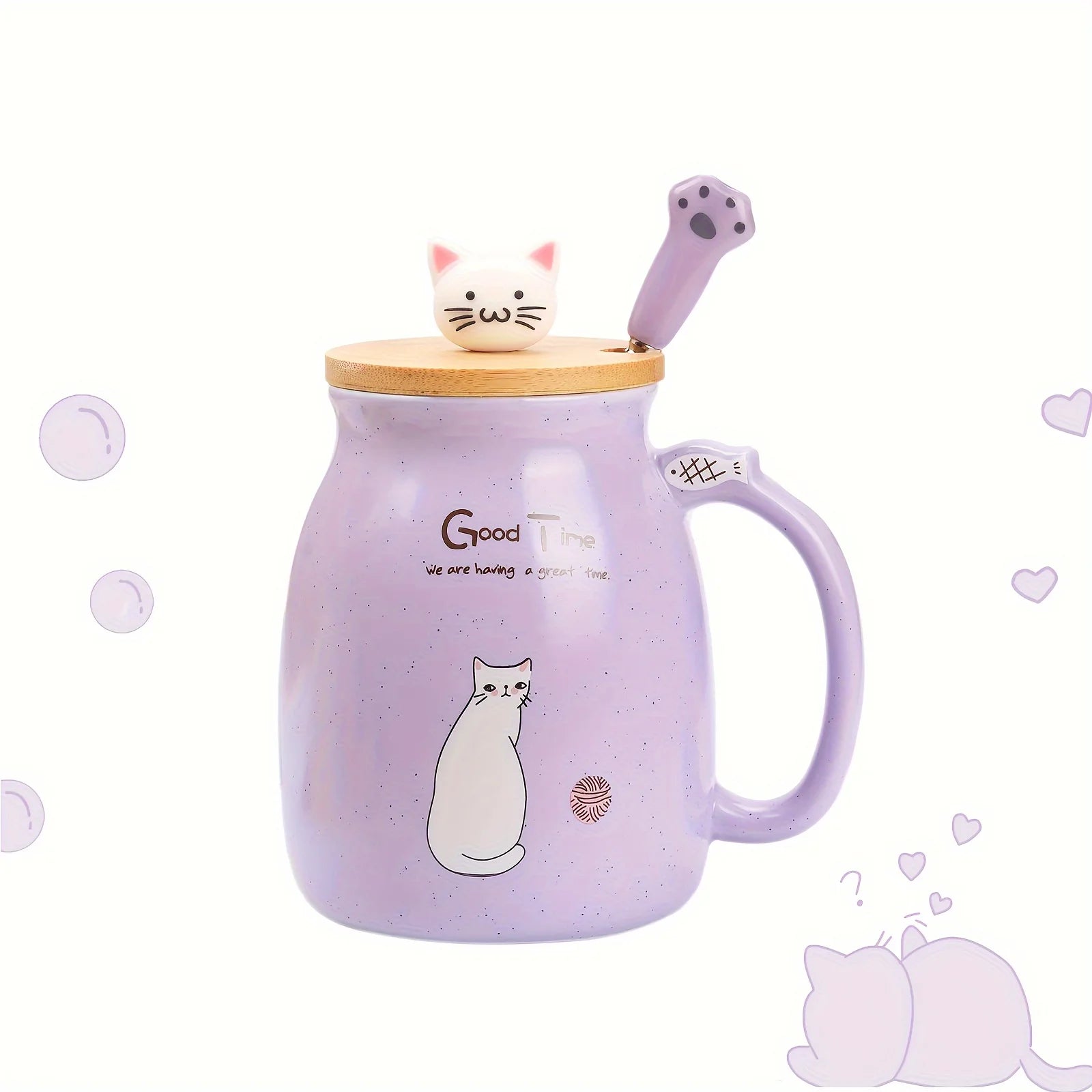 Kawaii Cat Ceramic Mug with Lid & Spoon