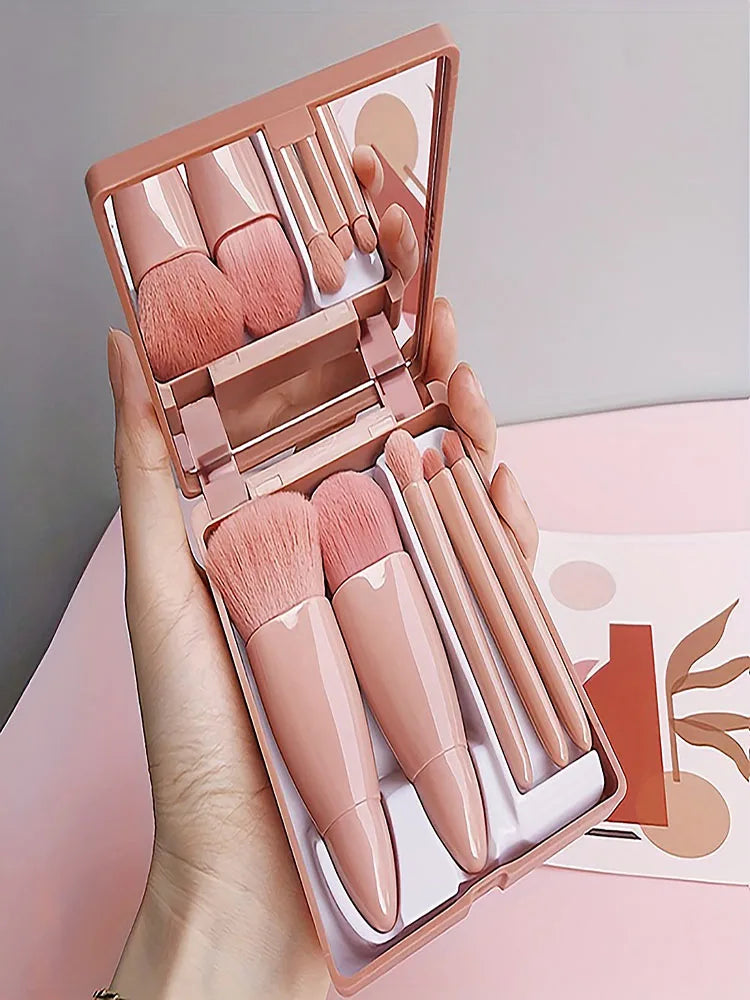 5Pc Makeup Brush Set with Travel Mirror