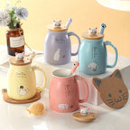 Kawaii Cat Ceramic Mug with Lid & Spoon