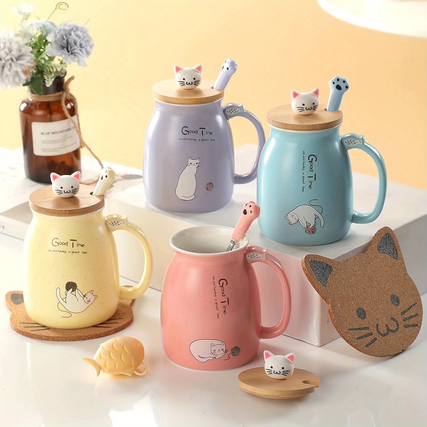 Kawaii Cat Ceramic Mug with Lid & Spoon